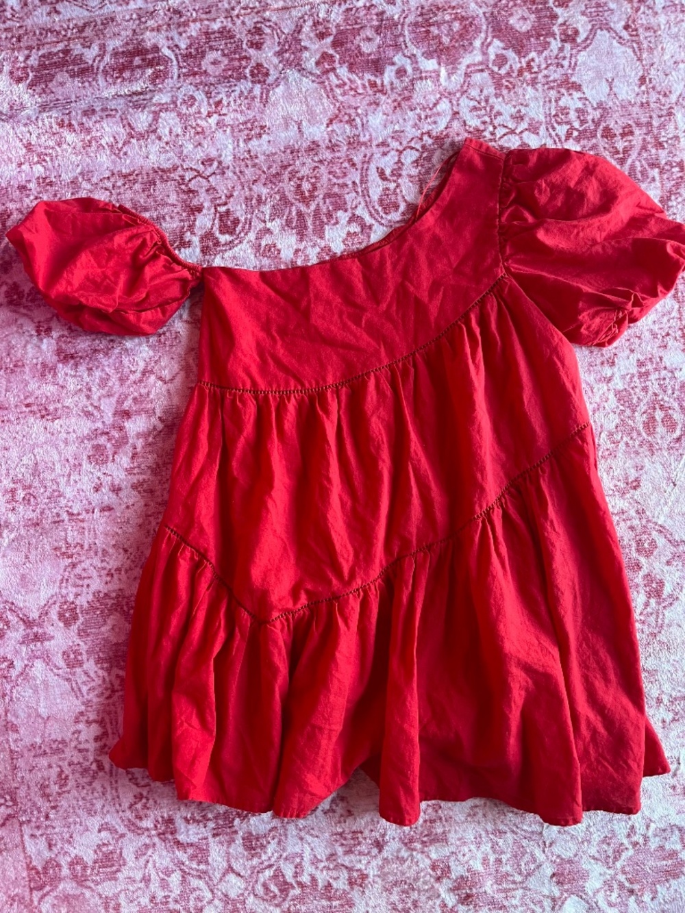 Cotton Candy Red Puff Sleeve Tiered Dress